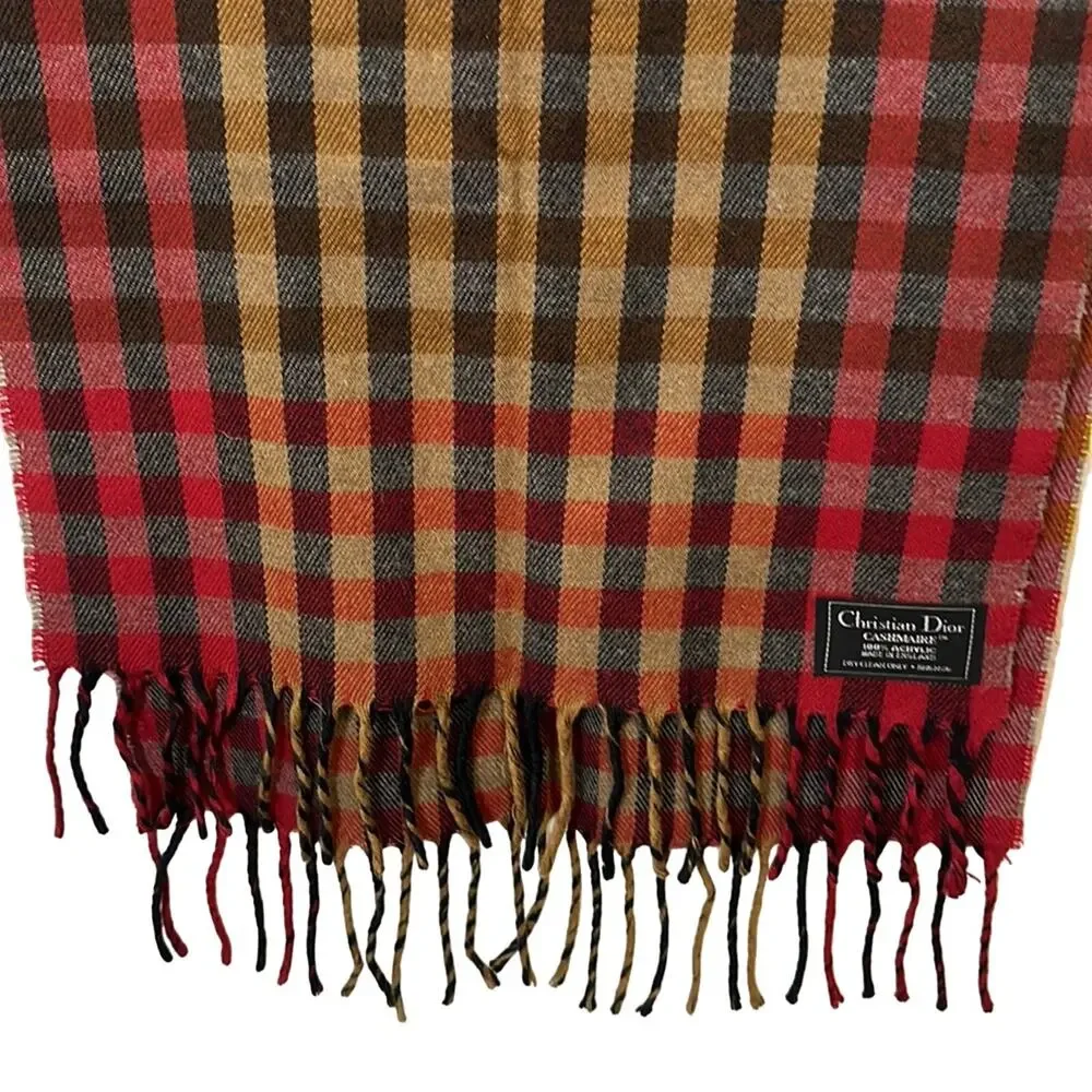 Christian Dior Scarf Plaid Red Beige Gorgeous Tassel Christmas